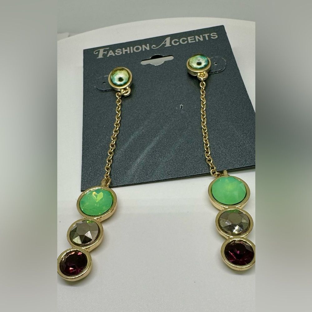 Gold Tone Green Hematite And Purple Stone with Chain Post Earrings 3.75 inch